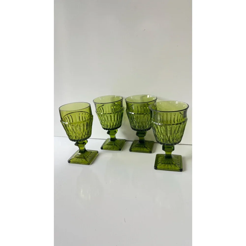 Set Of 4 Vintage Green Glass Goblets With Textured Design & Square Base